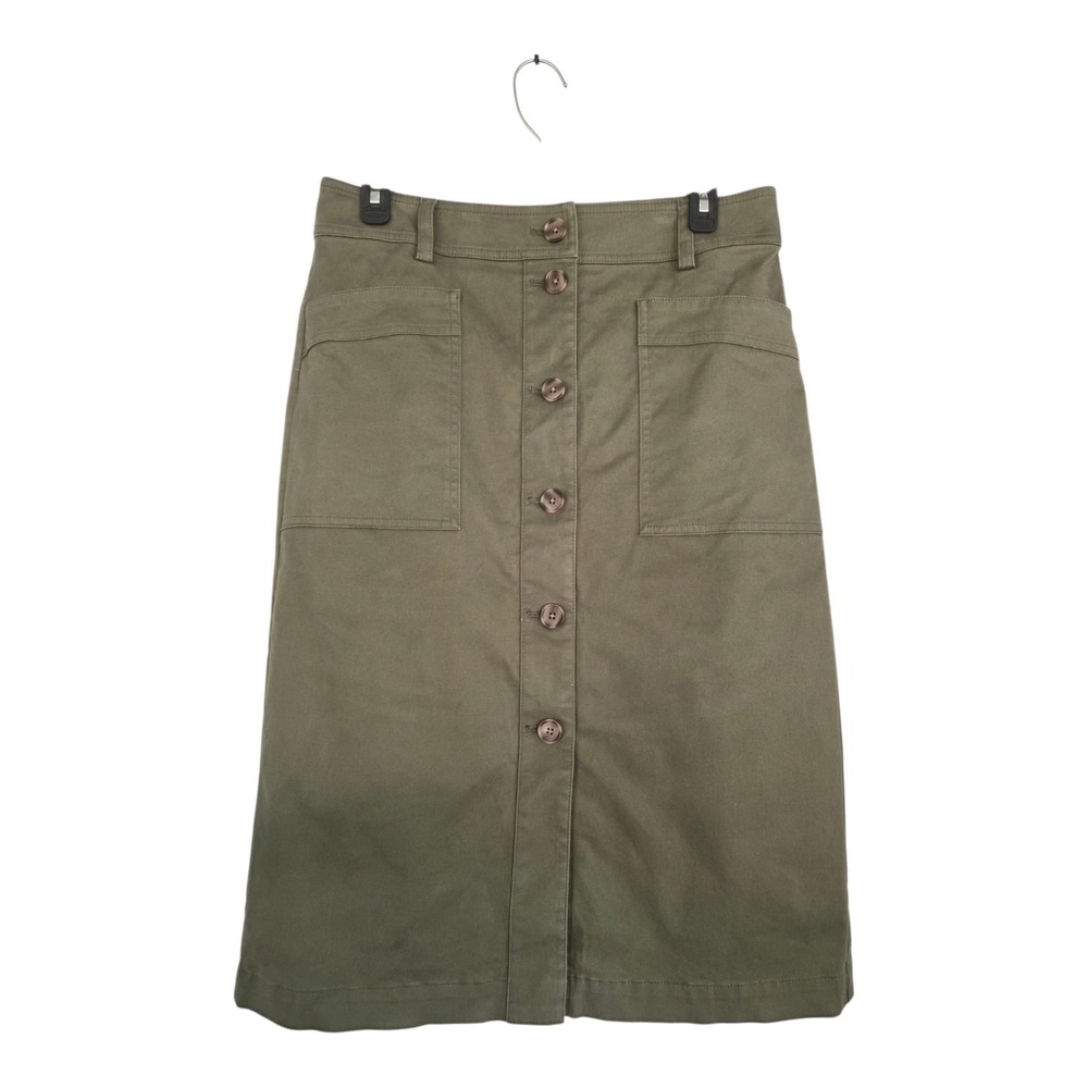 J.Crew Utility Button Front Midi Skirt Olive Green Cotton Blend Pockets Size 8